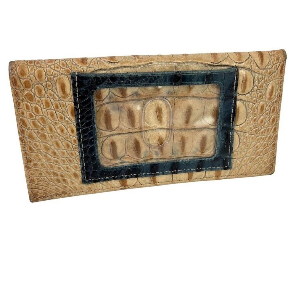 Womens Croc Leather Tan Beige & Navy Checkbook ID Holder Bag Organizer Folding